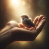 片手の上に小鳥が乗っている構図、暖かな光に包まれている / A small bird perched on one hand, bathed in warm light