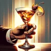 片手でマティーニグラスを持ち、チェリーが添えられている構図 / A hand holding a martini glass with cherries