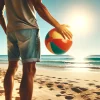 片手でビーチボールを持ち上げながら浜辺を歩く人物 / A person walking on the beach while lifting a beach ball with one hand