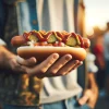片手でホットドッグを持ち屋外のテーブルに座っている構図 / A hand holding a hotdog while seated outdoors at a table
