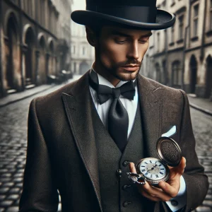 片手で懐中時計を見せるクラシックな帽子をかぶった紳士 / A gentleman in a classic hat showing a pocket watch with one hand