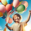 笑顔の子供が片手でカラフルな風船の束を持ち空を見上げる構図 / A smiling child holding a bunch of colorful balloons in one hand and looking up at the sky