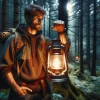 片手にランタンを持ち森の中を照らす男性キャンパーの構図 / A male camper holding a lantern in one hand, lighting the forest around him