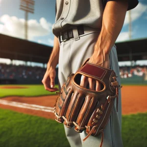 野球グラウンドで片手にグローブを持ち構える選手の構図 / A baseball player gripping a glove in one hand, ready on the field