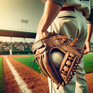片手に野球グローブを持ちグラウンドに立つ選手の構図 / A baseball player standing on the field holding a glove in one hand