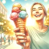 笑顔の女性が片手で3色のアイスクリームコーンを持つ構図 / A smiling woman holding a triple-scoop ice cream cone in one hand