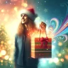 サンタ帽をかぶった女性が片手に赤いギフトバッグを持つ構図 / A woman wearing a Santa hat holding a red gift bag in one hand