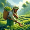 片手でお茶の葉を摘む伝統的な衣装の男性 / Man in traditional attire picking tea leaves with one hand