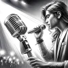片手でマイクを持ち、ステージで歌う女性のイラスト（モノクロ） / Monochrome illustration of a woman singing on stage while holding a microphone in one hand