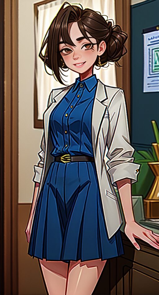 オフィスの中で落ち着いた表情を見せる白衣の女性医師。
A calm-looking female doctor in a white coat stands in her office.