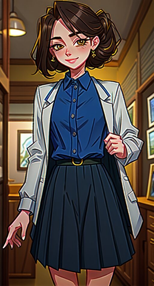 明るい室内で患者を迎える、知的な雰囲気の女性医師。
A smart-looking female doctor welcomes patients in a well-lit room.