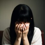 白い服を着た女性が両手で顔を覆って感情を抑えている写真。 / A photo of a woman in a white shirt covering her face with both hands, holding back her emotions.