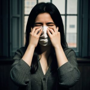 室内で若い女性が目元を両手で覆って涙を流している写真。 / A photo of a young woman indoors, crying while covering her eyes with both hands.
