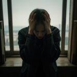 窓辺で椅子に座り、両手で頭を押さえて沈んだ様子の女性の写真。 / A photo of a woman sitting by a window, covering her head with both hands in a depressed manner.