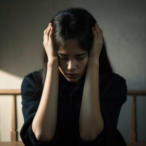 黒い服の女性が目を閉じて両手で頭を抱え、強いストレスを感じている様子の写真。 / A photo of a woman in black clothes with eyes closed, holding her head in apparent emotional stress.
