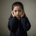 ベージュの壁の前で両耳を覆って立っている幼い女の子の写真。 / A photo of a little girl standing in front of a beige wall with both ears covered.