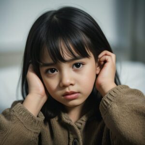 椅子に座りながら不安そうに耳を塞いでいる女の子の写真。 / A photo of a young girl sitting and covering her ears with a worried expression.