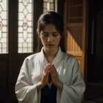 伝統的な空間の中で白い服を着た女性が合掌して祈る写真。 / A photo of a woman in white clothing praying with palms together in a traditional interior.