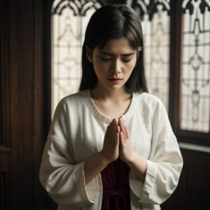 白と赤の和風衣装を着た女性が目を閉じて胸の前で手を合わせている写真。 / A photo of a woman in white and red traditional attire with eyes closed, praying with hands together in front of her chest.