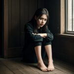 木造の室内で両手で膝を抱え、伏し目がちな表情の女性の写真。 / A photo of a woman sitting indoors in a wooden room, hugging her knees with a downcast expression.