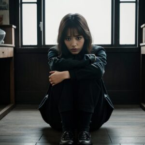 モノトーンの服を着た女性が床に座って腕を膝に回している写真。 / A photo of a woman in monochrome clothes sitting on the floor, wrapping her arms around her knees.