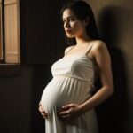 自然光が差し込む部屋で妊婦が両手でお腹をなでている写真。 / A photo of a pregnant woman gently stroking her belly with both hands in a naturally lit room.