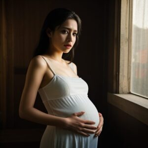 白い服を着た妊婦が落ち着いた表情でお腹を両手で包み込んでいる写真。 / A photo of a pregnant woman in white clothing calmly cradling her belly with both hands.