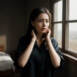 窓際で落ち着いた表情の女性が両手で髪を結び直している写真。 / A photo of a calm-faced woman near a window, retying her hair with both hands.