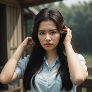 屋外で白い服を着た女性が両手で髪を耳にかけ直している写真。 / A photo of a woman in white clothing outdoors, tucking her hair behind her ears with both hands.