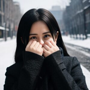 雪の中でコートを着た女性が笑いをこらえながら口元を両手で覆っている写真。 / A photo of a woman in a coat covering her mouth with both hands while holding back laughter in a snowy setting.