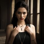 正面を向いた女性が両手でネックレスをつまみながら視線を送る写真。 / A photo of a woman facing forward, lightly gripping her necklace with both hands while looking ahead.