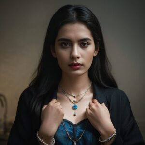 青いドレスの女性が両手でネックレスを触れている落ち着いた雰囲気の写真。 / A photo of a woman in a blue dress gently touching her necklace with both hands in a calm atmosphere.