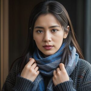 室内でマフラーを優しく直している女性の落ち着いた写真。 / A calm indoor photo of a woman gently adjusting her scarf with both hands.