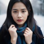 寒さの中で青いマフラーをしっかりと押さえている女性の写真。 / A photo of a woman firmly holding a blue scarf around her neck in the cold.