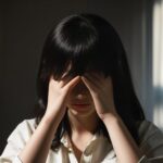 自然光が差し込む部屋で両手を使って目を隠す女性の写真。 / A photo of a woman in a sunlit room covering her eyes with both hands.