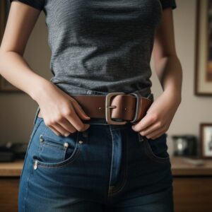 グレーのTシャツとジーンズ姿でベルトを整えている人物の写真(クローズアップ)。 / A close-up photo of a person in a gray t-shirt and jeans adjusting their belt with both hands.