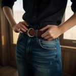 青いシャツを着た人物がしっかりとベルトを締めている写真(室内)。 / An indoor photo of a person in a blue shirt fastening their belt securely with both hands.