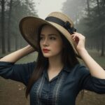 自然の中で帽子の位置を整えながら斜め前を見つめる女性の写真。 / A photo of a woman in nature gazing ahead while adjusting her hat with both hands.