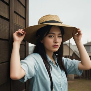 木造の建物の前で両手で帽子を深くかぶっている女性の写真。 / A photo of a woman in front of a wooden building pulling her hat down firmly with both hands.