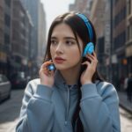 真っ直ぐ前を見つめながら両耳にイヤホンを装着している女性の写真。 / A photo of a woman staring straight ahead while inserting earphones into her ears with both hands.
