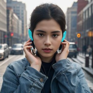 デニムジャケットを着た女性がイヤホンを耳に装着している都会の屋外写真。 / An outdoor photo of a woman in a denim jacket inserting earphones into both ears in the city.