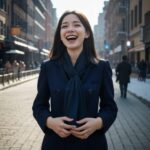 街中でコートを着た女性が大笑いしてお腹を押さえている写真。 / A photo of a woman in a coat laughing and holding her stomach on a city street.