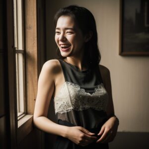 室内でノースリーブ姿の女性が笑いながらお腹を両手で押さえている写真。 / A photo of a sleeveless woman laughing indoors with both hands on her stomach.