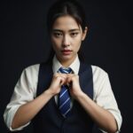 きりっとした表情でネクタイを真っ直ぐ整えている女性の写真。 / A photo of a woman with a determined look straightening her necktie.