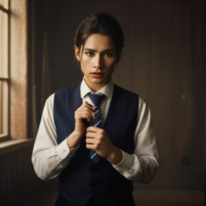 クラシックな雰囲気の中でネクタイを締め直す女性の写真。 / A photo of a woman in a classic setting re-tightening her necktie with both hands.