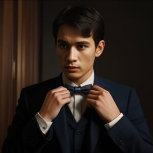 紺色のスーツを着た男性が両手で蝶ネクタイを締めている写真。 / A photo of a man in a navy suit tightening his bow tie with both hands.