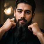 暖色の照明の中でひげをつまんで考えている男性の写真。 / A photo of a man under warm lighting thoughtfully pinching his beard with both hands.