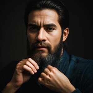 濃いひげを蓄えた男性が両手でひげをなでながら静かに見つめている写真。 / A photo of a bearded man calmly gazing while stroking his beard with both hands.