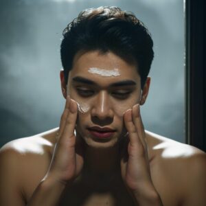 シャワー後に両手で顔を拭うように洗っている上半身裸の男性の写真。 / A photo of a shirtless man washing or wiping his face with both hands after a shower.