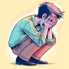 両手で顔を覆ってしゃがみ込んで泣いている人物のカラフルなイラスト。 / A colorful illustration of a person crouching and crying with their face covered by both hands.